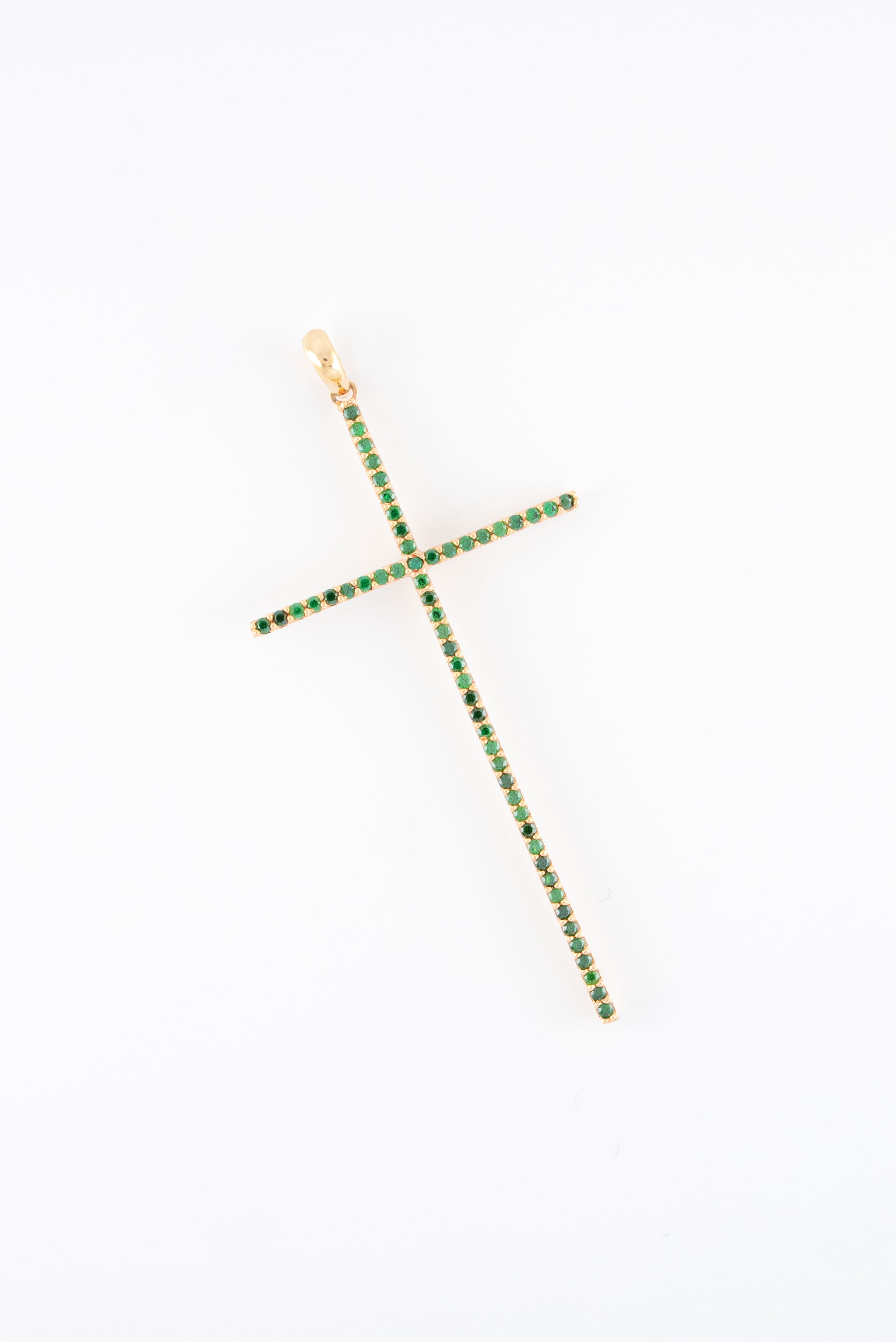 Dije Cruz Circones Verdes Oro Rosado 18k / NA102/ M: 6cms x 2.6 cms / P: 2,5 gr