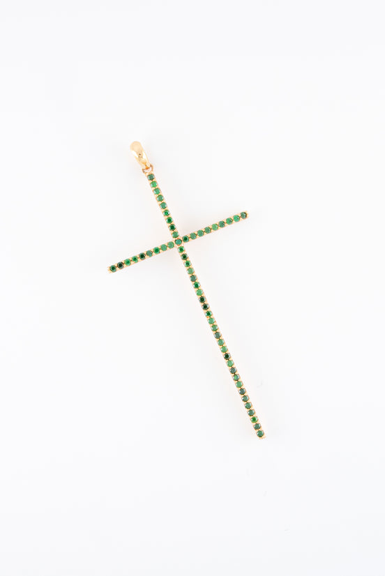 Dije Cruz Circones Verdes Oro Rosado 18k / NA102/ M: 6cms x 2.6 cms / P: 2,5 gr