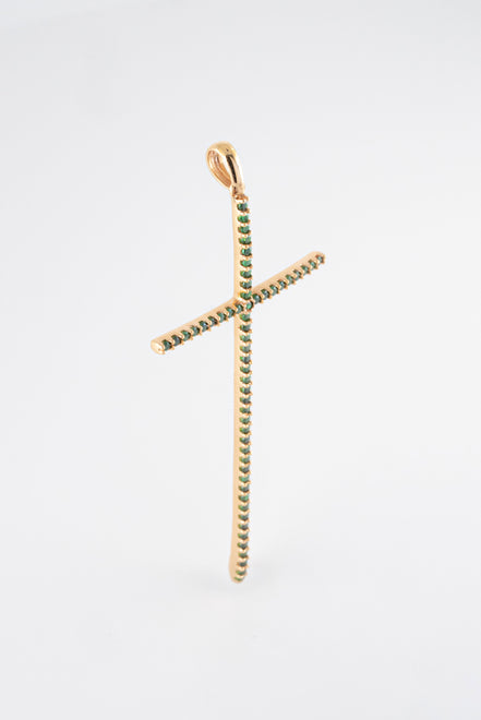 Dije Cruz Circones Verdes Oro Rosado 18k / NA102/ M: 6cms x 2.6 cms / P: 2,5 gr