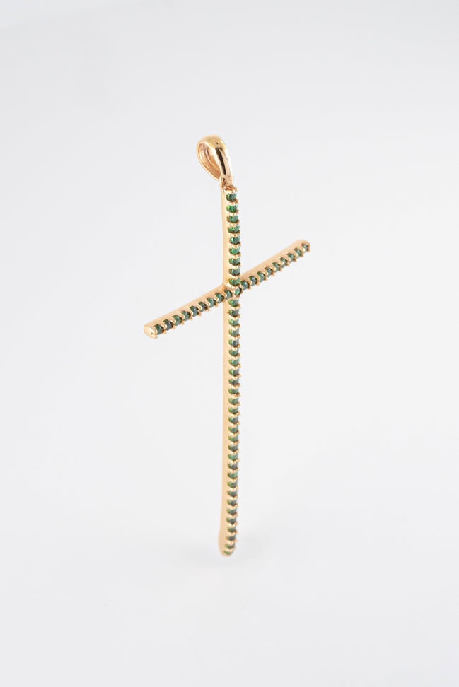Dije Cruz Circones Verdes Oro Rosado 18k / NA102/ M: 6cms x 2.6 cms / P: 2,5 gr